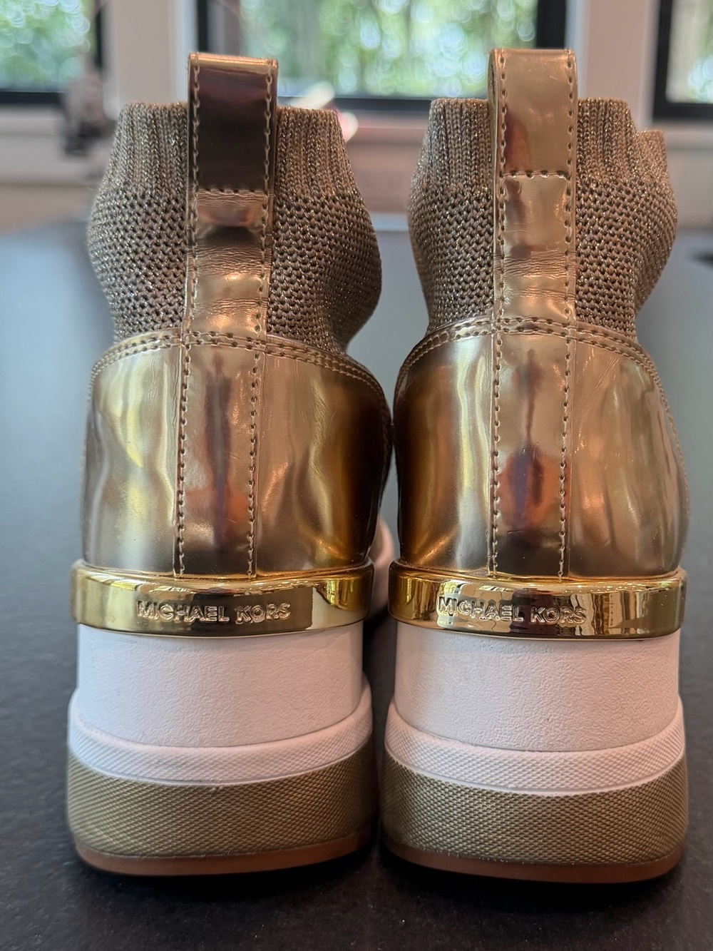 Michael Kors Skyler Knit Wedge Sneakers Metallic Gold Sock Booties 7.5 - Picture 6 of 8